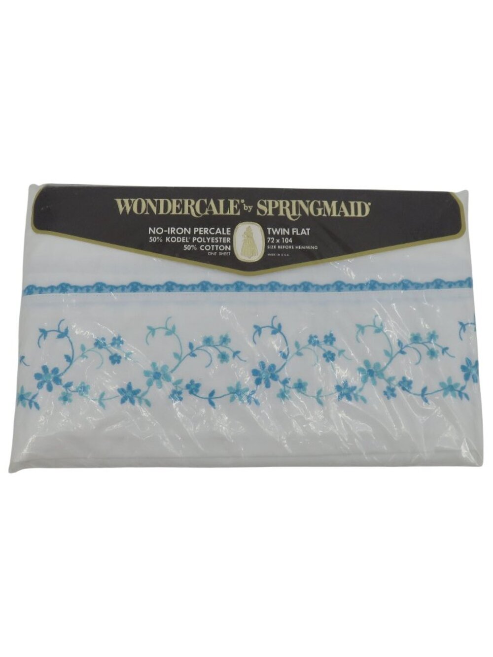 NEW Springmaid Wondercale TWIN Flat Sheet White Blue Embroidered Floral Flower